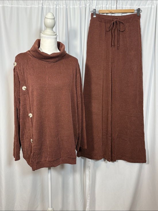 Dear Scarlett Other - Cozy Cowl-Neck Knit Sweater & Wide-Leg Pants Set - Chocolate